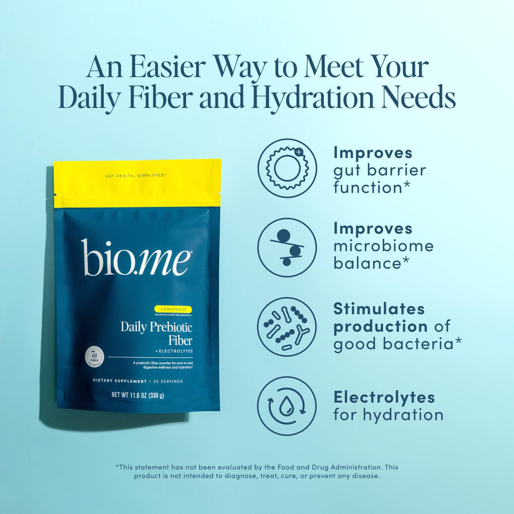 Bio.me daily prebiotic fiber lemonade tub scoop highlights easy 7 g servings