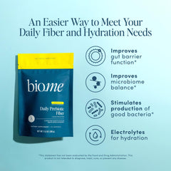 Bio.me daily prebiotic fiber lemonade tub scoop highlights easy 7 g servings