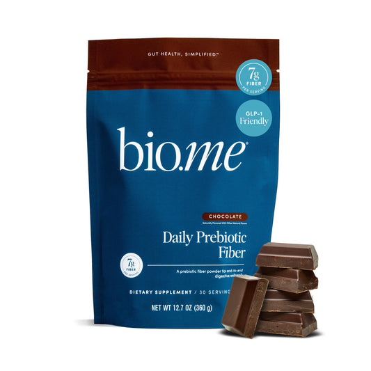 Bio.me Daily Prebiotic Fiber Powder Chocolate packaging front shows 30 servings and sugar-free formula.
