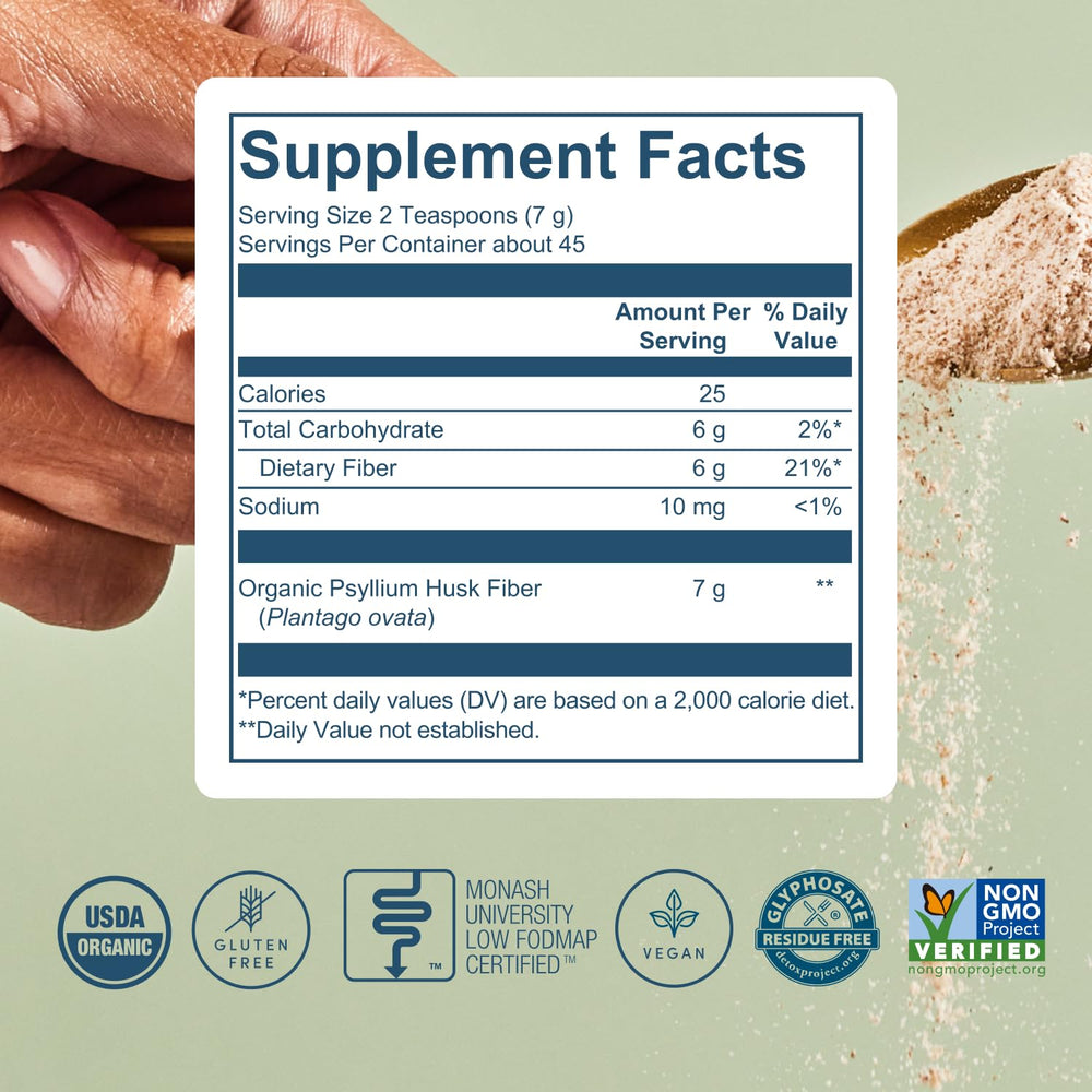 Bio.me Psyllium husk powder closeup shows fine, natural texture.