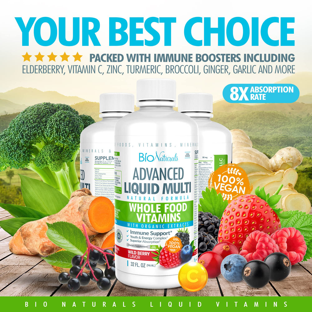 Macro image of Bio Naturals blend with fruits, vegetables, and herbs.