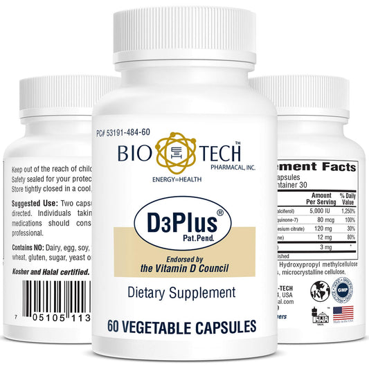 Bio-Tech Pharmacal D3Plus bottle label highlighting vitamin D and co-factors for bone support