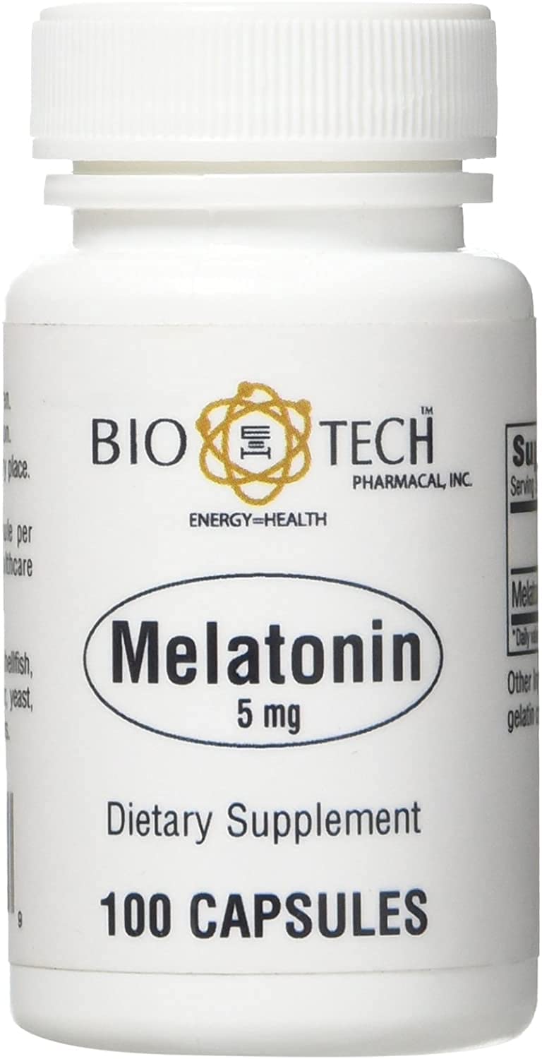 Bio-Tech Pharmacal Melatonin capsule closeup for sleep support.