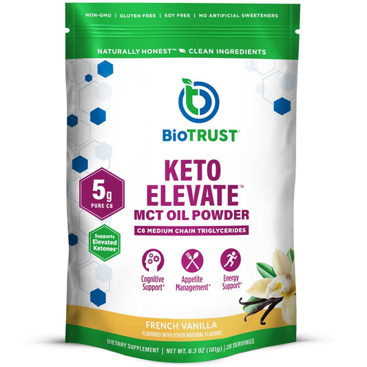 BioTrust Keto Elevate vanilla jar front, ready to add creaminess to coffee.