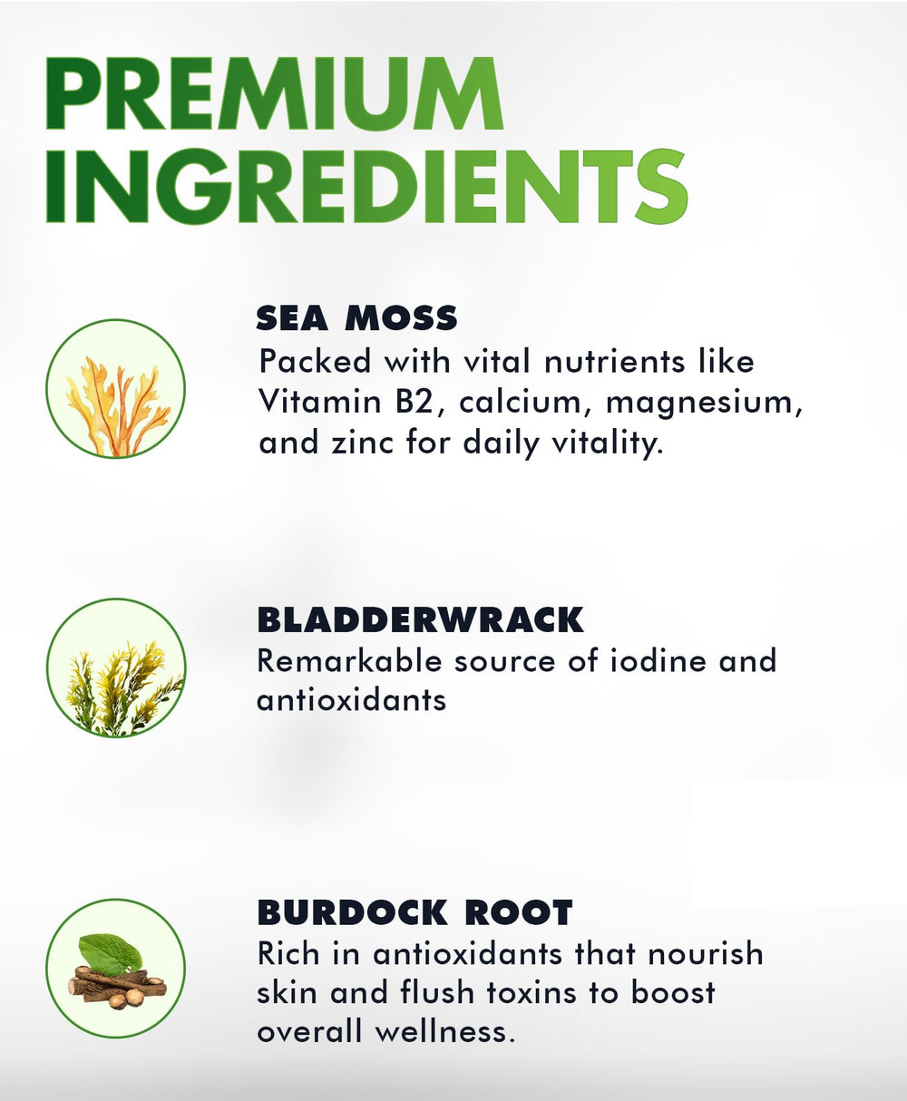 BIO VITALICA Sea Moss Gummies ingredients spotlight: Irish sea moss, bladderwrack, burdock root minerals.