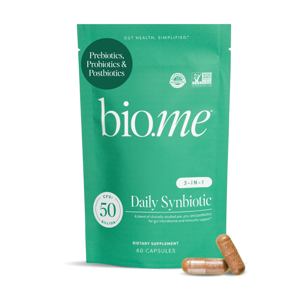 Bio.me Synbiotic 3-in-1 bottle closeup showing vegan formula for daily use