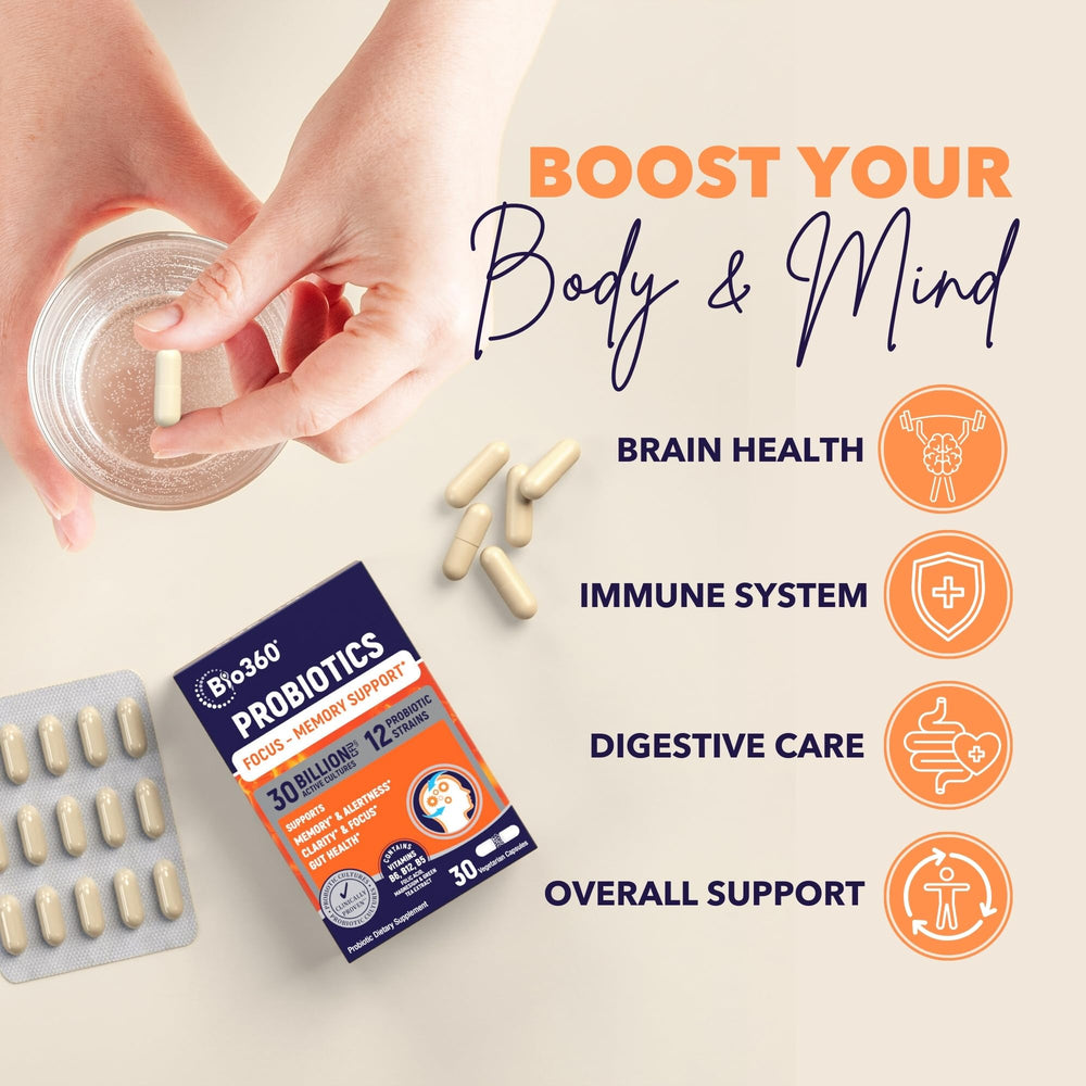 Bio360 Cognitive Support bottle highlighting green tea extract for focus.