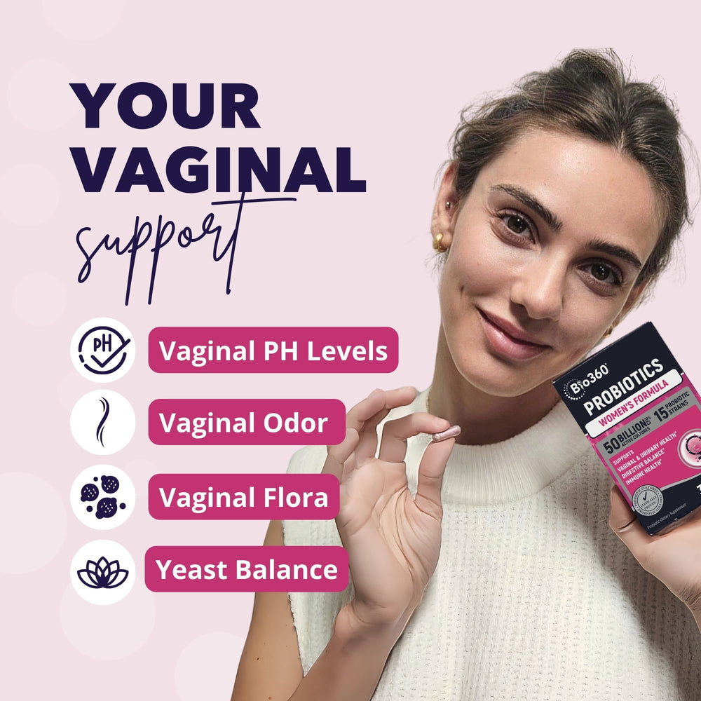 Bio360 capsules ready for daily use supporting gut and vaginal health.