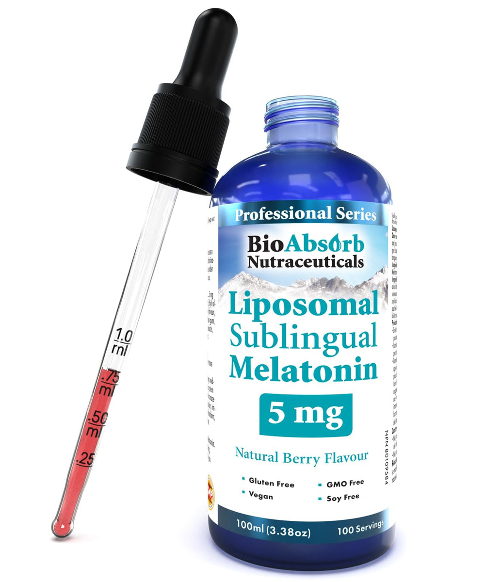 Bio Absorb Liposomal Melatonin bottle shows 5 mg per serving for fast relaxation.