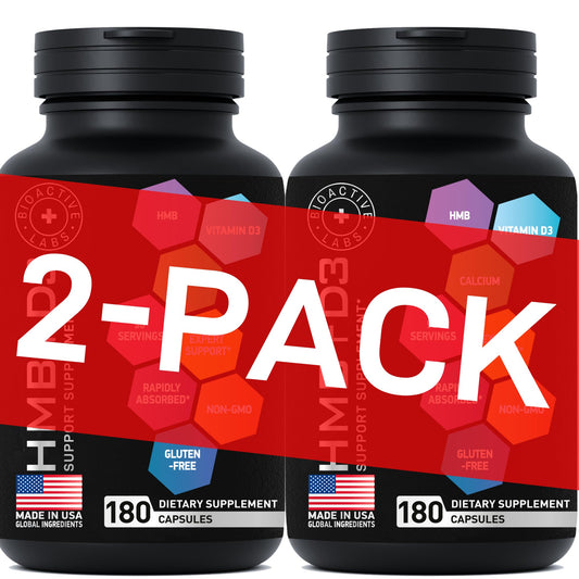Bioactive Labs HMB D3 bottle; capsules support potential muscle recovery.
