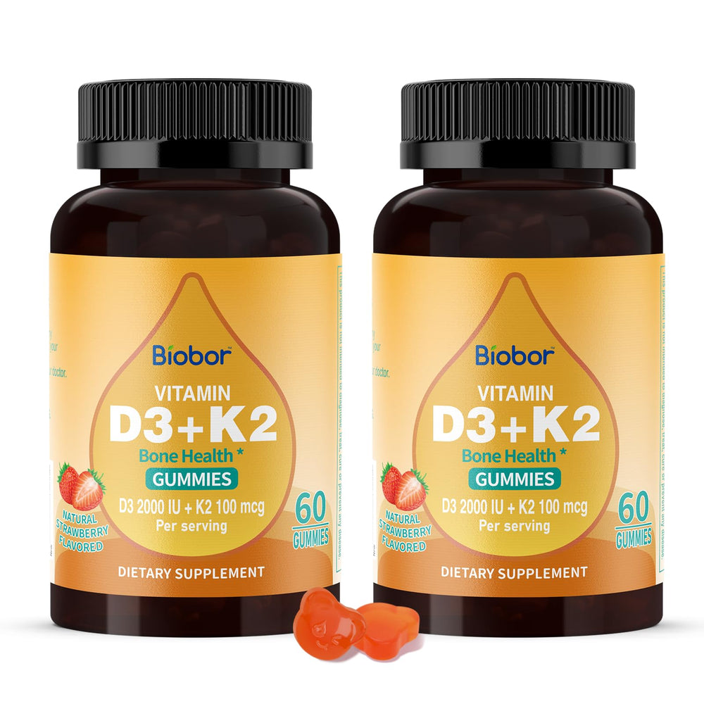 Biobor Vitamin D3 K2 gummies bottle front showing strawberry flavor for daily wellness.