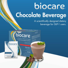 Biocare GLP-1 chocolate serving image highlights creamy shake for daily nutrition.