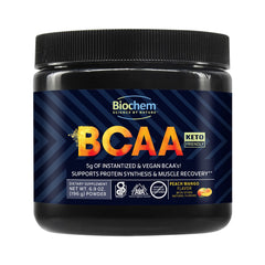 Biochem BCAA Peach Mango powder scoop showing a 5g serving for muscle support.