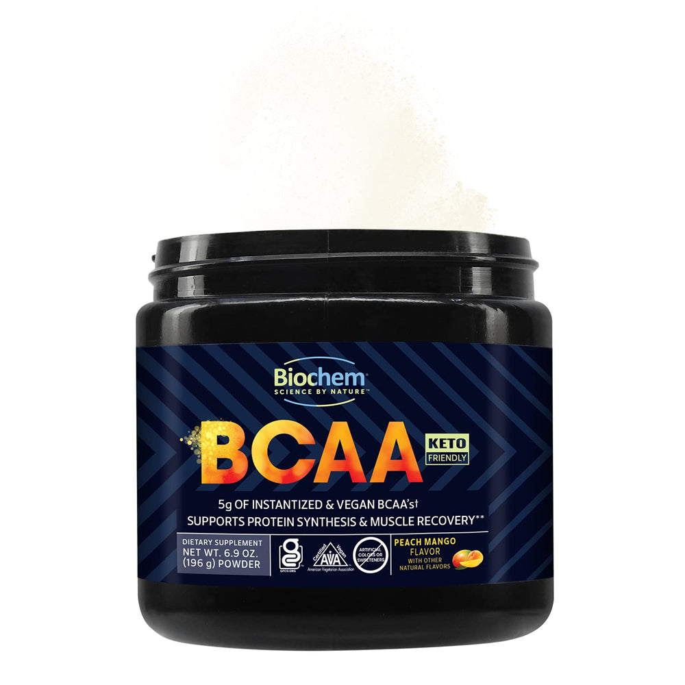 Biochem BCAA Peach Mango tub with vegan, gluten-free, keto-friendly formula.