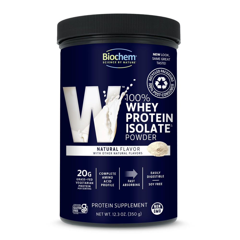 Packaging of Biochem whey isolate highlighting gluten free and keto friendly notes