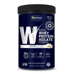 Packaging of Biochem whey isolate highlighting gluten free and keto friendly notes