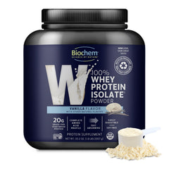 Biochem Whey Protein Isolate Vanilla tub front – premium protein for active lifestyles.