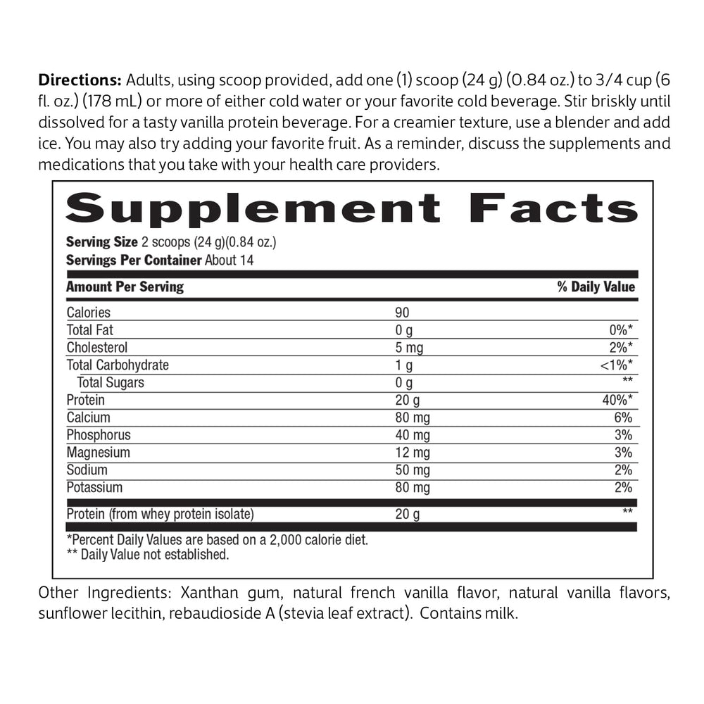 Biochem vanilla whey tub on a clean kitchen counter