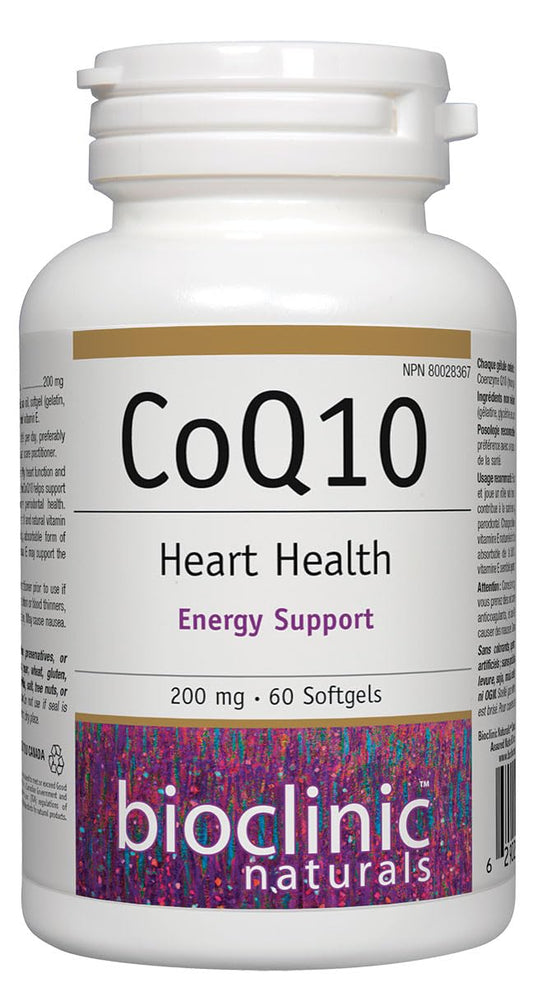 Bioclinic Naturals CoQ10 200 mg softgels in bottle for daily energy support