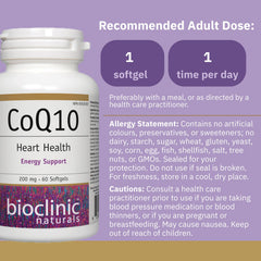 Close-up of Bioclinic Naturals CoQ10 200 mg softgels showing smooth capsule