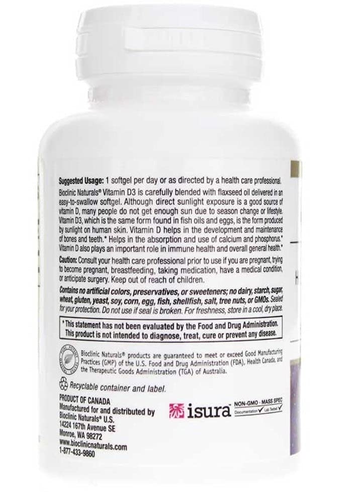 Bioclinic Naturals flaxseed oil blended Vitamin D3 bottle on counter