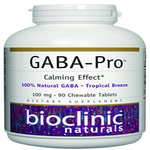 Bioclinic Naturals GABA-Pro chewable tablets in tropical breeze flavor for calming support.