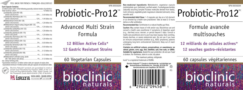 Bioclinic Naturals Pro12 ingredients list close-up with probiotic strains