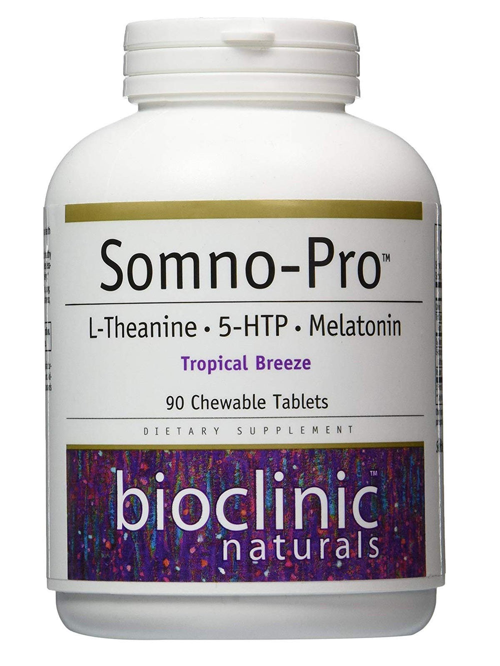 Bioclinic Naturals Somno-Pro bottle-front view highlighting Tropical Breeze chews for night-time relaxation