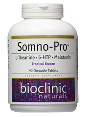Bioclinic Naturals Somno-Pro bottle-front view highlighting Tropical Breeze chews for night-time relaxation
