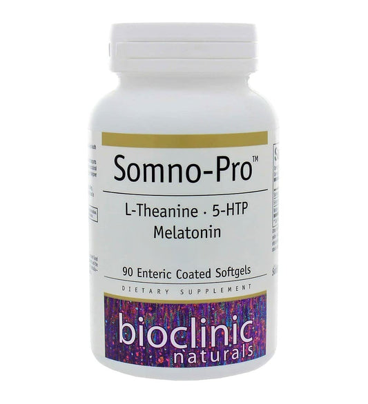 Bioclinic Naturals Somno-Pro bottle featuring 90 enteric-coated softgels for sleep support.