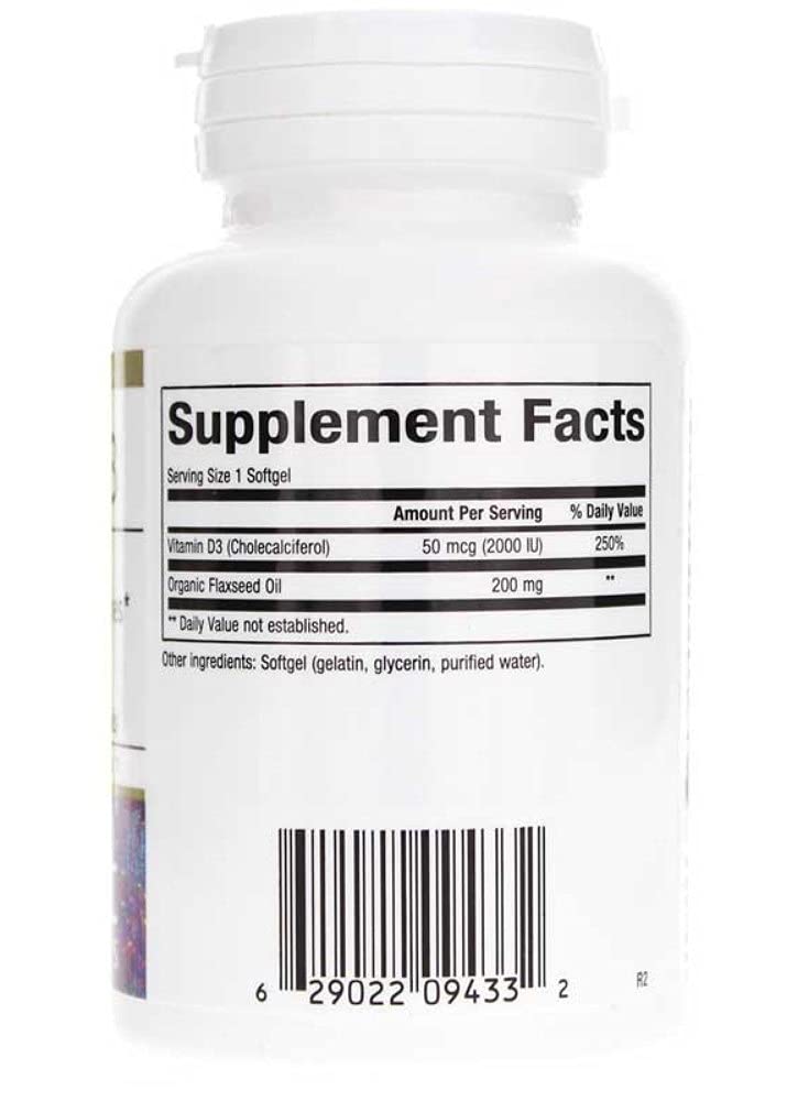 Close-up of Bioclinic Naturals Vitamin D3 softgels with flaxseed oil carrier