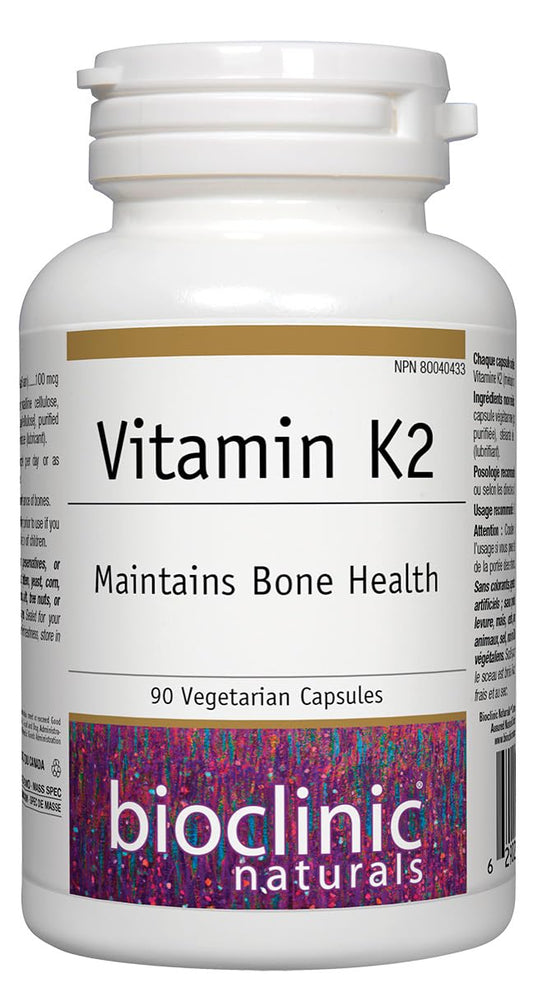 Bioclinic Naturals Vitamin K2 bottle front view highlighting 100 mcg MK-7