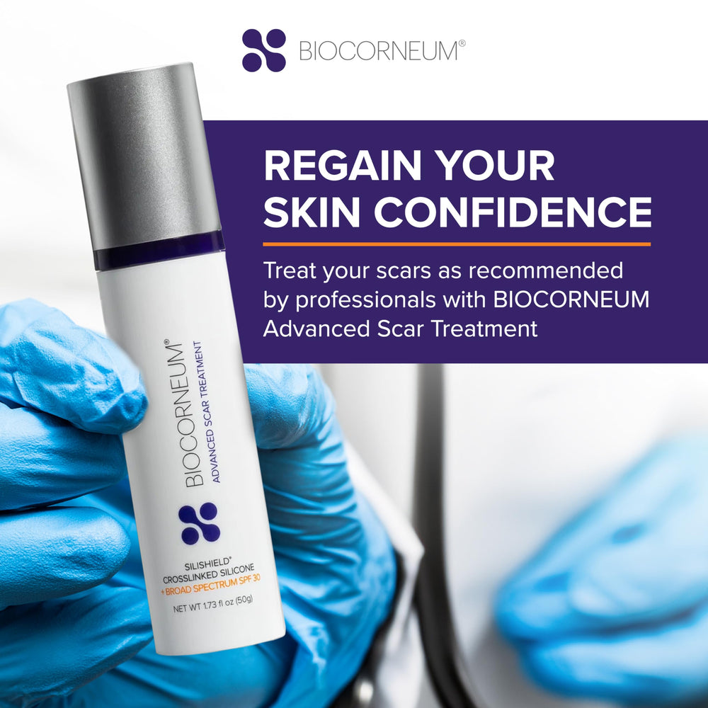 BIOCORNEUM SPF 30 label highlighting sun protection for scars.