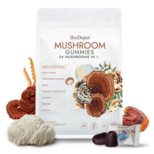 Biodepot Super Mega Mushroom Gummies bottle front with citrus flavor hint for daily energy