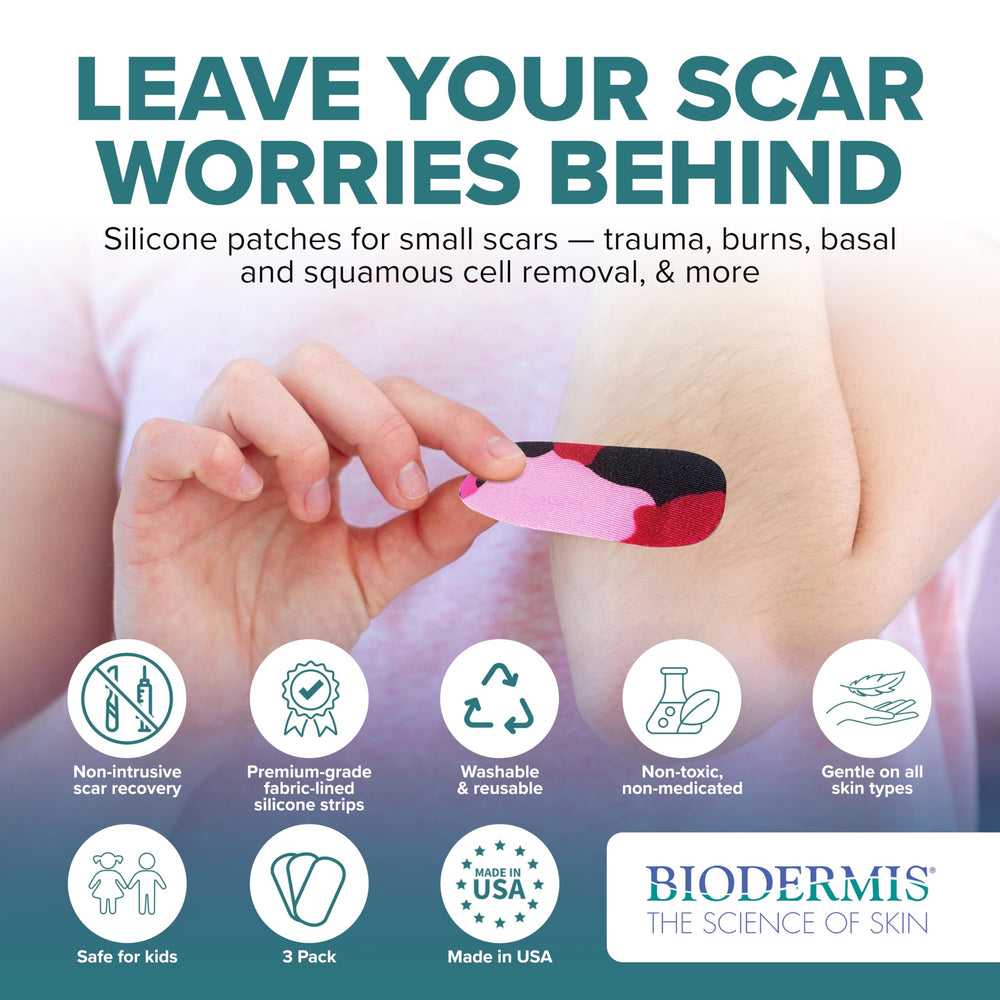 Biodermis Epiderm green camo strips provide comfortable scar coverage for active kids.