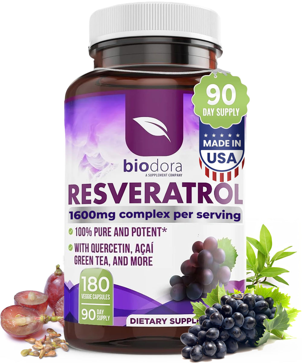 Biodora Resveratrol 1600mg bottle close-up highlighting antioxidant support.