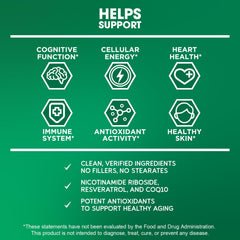 BioEmblem NAD+ CoQ10 visual illustrating energy and heart support benefits.