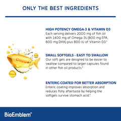 BioEmblem Omega-3 enteric-coated softgels resist stomach acid and reduce aftertaste.