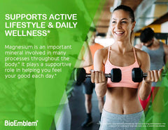 BioEmblem Triple Magnesium Complex bottle detail highlights vegan, non-GMO, gluten-free attributes.