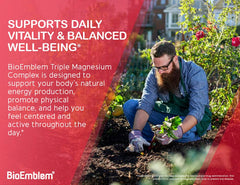 BioEmblem magnesium capsules with glass of water suggests easy daily intake and gentle stomach profile.