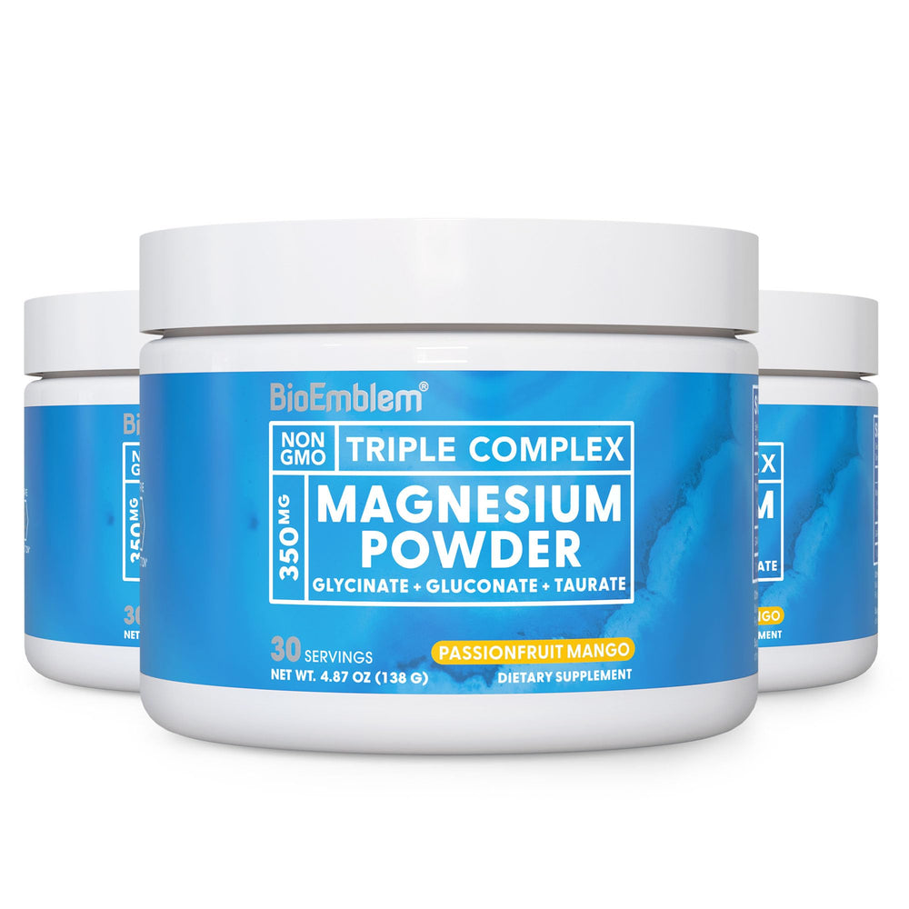 BioEmblem Triple Magnesium Powder tub label showing vegan, non-GMO balance support