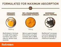 Capsules close-up show high-curcuminoid extract and BioPerine absorption.