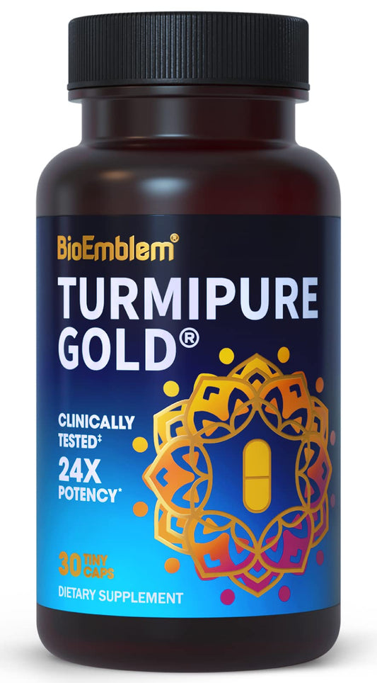 BioEmblem TurmiPure Gold bottle highlights enhanced absorption for daily joint support.