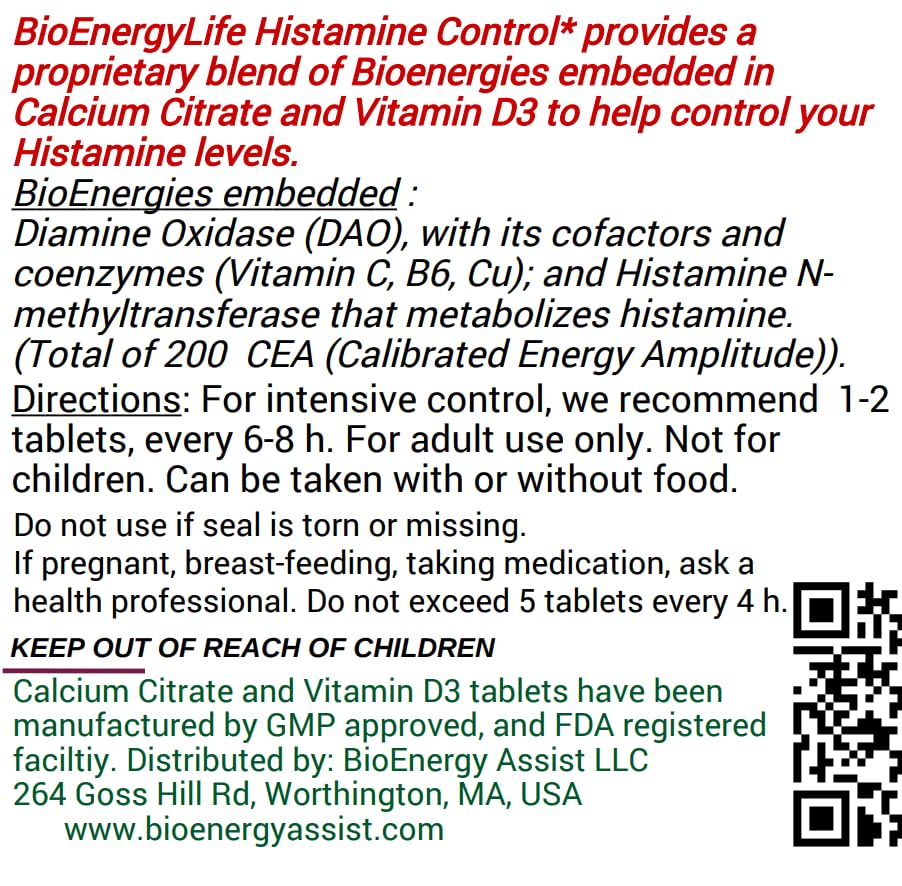 BioEnergyLife Histamine Control with cofactors highlights Vitamin C, B6, zinc