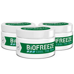 Biofreeze menthol cream jar closeup for cooling relief of sore muscles.