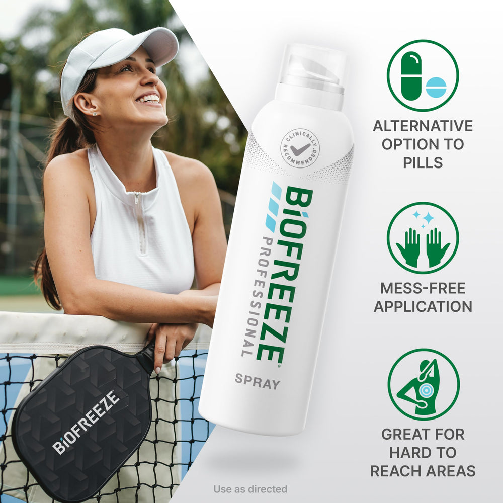Biofreeze spray provides cooling relief for shoulder soreness after workouts