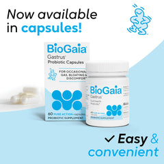 BioGaia Gastrus bottle closeup showing easy-to-take capsules for daily wellness