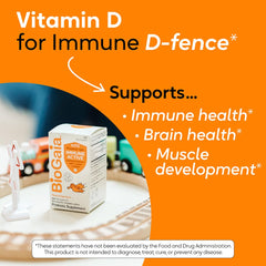 Vitamin D panel on BioGaia Immune Active Kids label highlighting added support.