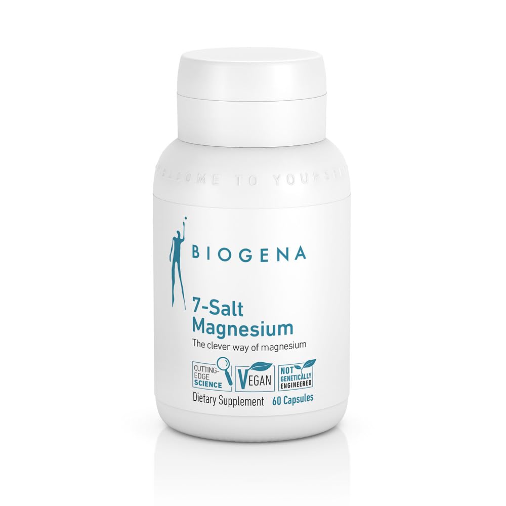 BIOGENA 7-Salt Magnesium bottle close-up highlights diverse forms for enhanced absorption.