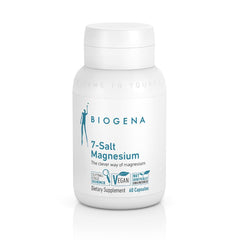 BIOGENA 7-Salt Magnesium bottle close-up highlights diverse forms for enhanced absorption.